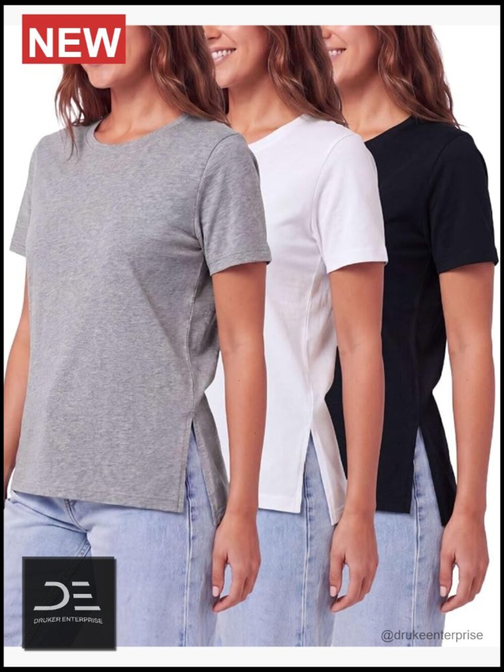 Women's Cotton Blend Split Hem Tees 3 Pack - Short Sleeve Crew Neck